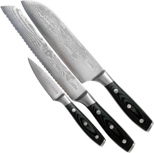 Eden Classic Damast 3-delige Messenset EQ2030-S07 Messenset inclusief Santoku, Officemes en Broodmes, Damaststaal