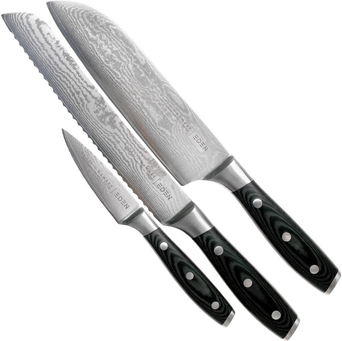 Eden Classic Damast 3-delige Messenset EQ2030-S07 Messenset inclusief Santoku, Officemes en Broodmes, Damaststaal