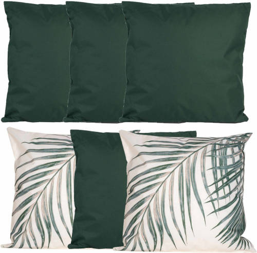 Anna's Collection Bank/tuin kussens set - voor binnen/buiten - 6x stuks - groen/palm print - 45 x 45 cm - Sierkussens