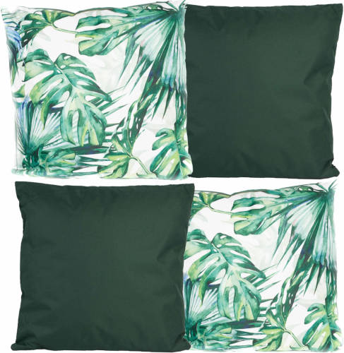 Anna's Collection Bank/tuin kussens set - voor binnen/buiten - 4x stuks - groen/palm print - 45 x 45 cm - Sierkussens