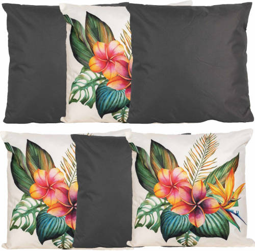 Anna's Collection Bank/tuin kussens set - voor binnen/buiten - 6x stuks - antraciet/tropical print - 45 x 45 cm - Sierkussens