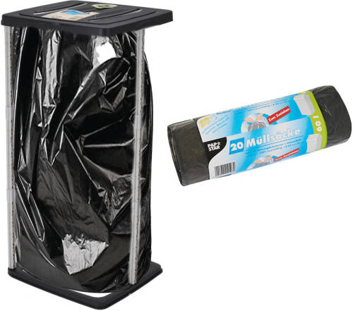 Bathroom Solutions Staande vuilniszakhouder prullenbak zwart 60L incl. 20x vuilniszakken - Prullenbakken