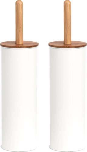 Zeller 2x Stuks WC/Toiletborstel in houder metaal/bamboe hout - wit - 38 x 10 cm - Toiletborstels