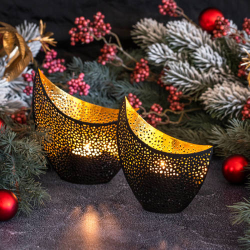 Gadgy Waxinelichthouder Oosters - Theelichthouders Set van 2 - 16&14.5CM - Metaal - Zwart / Goud