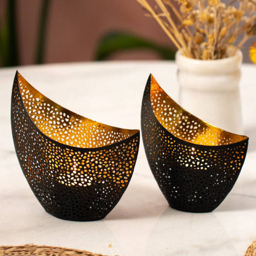 Gadgy Waxinelichthouder Oosters - Theelichthouders Set van 2 - 16&14.5CM - Metaal - Zwart / Goud