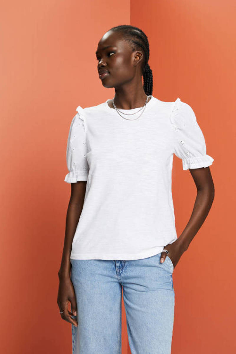 Esprit top met ruches met broderie wit