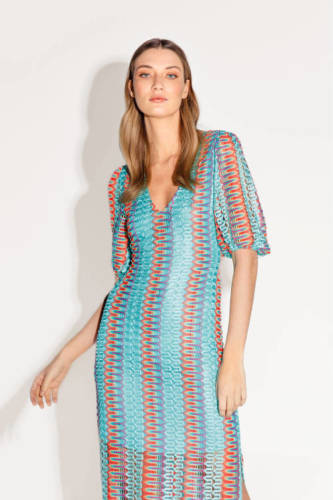 Freebird gehaakte crochet jurk Gayla met all over print en ceintuur turquoise/ oranje