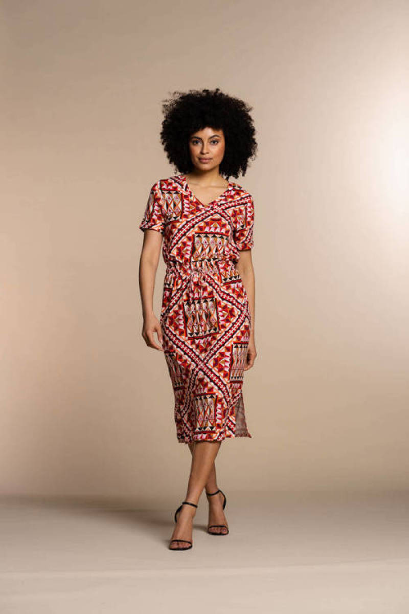 Geisha jurk met all over print ecru/oranje/bruin