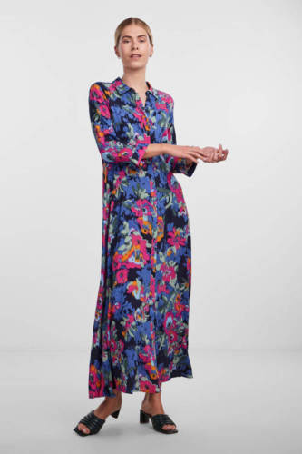 Y.A.S gebloemde maxi blousejurk YASSAVANNA donkerblauw/fuchsia/oranje/groen