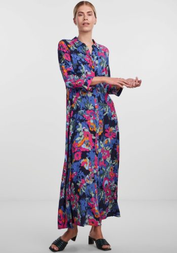 Y.A.S gebloemde maxi blousejurk YASSAVANNA donkerblauw/fuchsia/oranje/groen