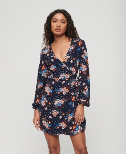 Superdry Vrouwen Mini-wikkeljurk met Print Blauw Grootte: 34