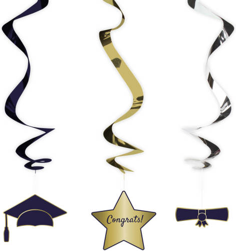 Folat Hangdecoratie swirls geslaagd thema - 3x - zwart/goud - papier - 60 cm - examenfeest versiering - Hangdecoratie