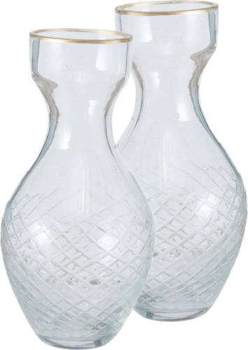 Deco by Boltze 2x stuks stijlvolle glazen kleine decoratieve bloemenvaas in het transparant glas van 15 x 7 cm - Vazen