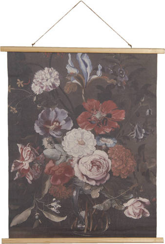 Clayre & Eef Wandkleed 80x100 cm Zwart Roze Hout Textiel Rechthoek Bloemen Wanddoek Zwart Wanddoek