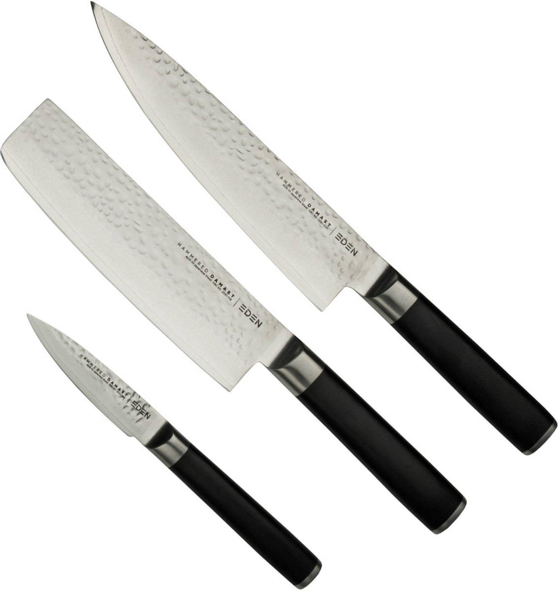 Eden Hammered Damast 3-delige Set Koksmes Nakiri Officemes