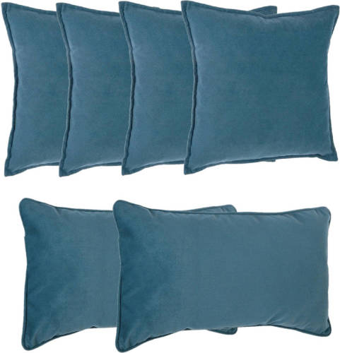 Atmosphera Bank/sierkussens huiskamer Sophia - set 6x stuks - Blauw - polyester - met rits - In 2 formaten - Sierkussens