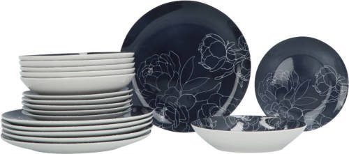4Goodz 6-persoons Servies set Bloem 18 delig Servies - Blauw-grijs met bloem