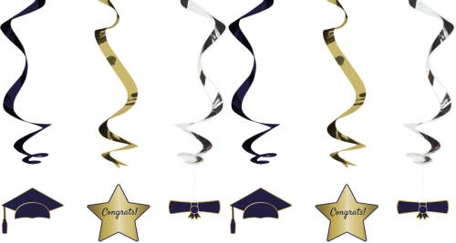 Folat Hangdecoratie swirls geslaagd thema - 6x - zwart/goud - papier - 60 cm - examenfeest versiering - Hangdecoratie