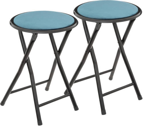 5five Bijzet krukje/stoel - 2x - Opvouwbaar - blauw fluweel - 29 x 45 cm - Bijzettafels