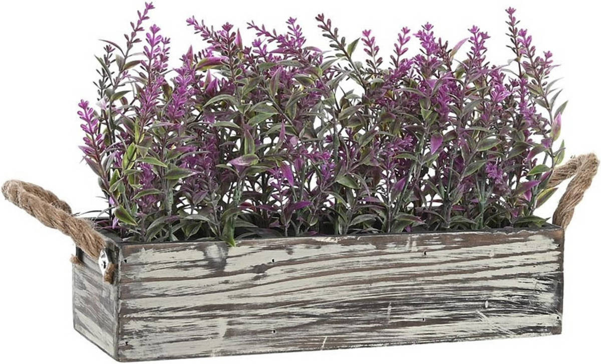 Items Lavendel bloemen kunstplant in houten bloempot - lila paarse bloemen - 30 x 12 x 21 cm - Kunstplanten