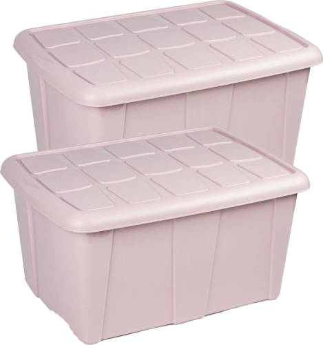 Forte Plastics Opslagbox kist van 60 liter met deksel - 2x - Lichtroze - kunststof - 63 x 46 x 32 cm - Opbergbox