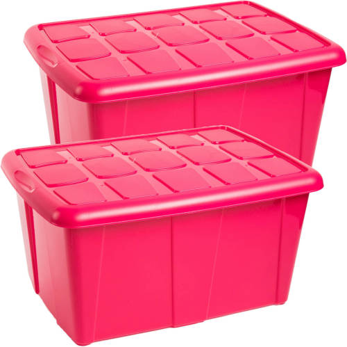 Forte Plastics Opslagbox kist van 60 liter met deksel - 2x - Fuchsia roze - kunststof - 63 x 46 x 32 cm - Opbergbox