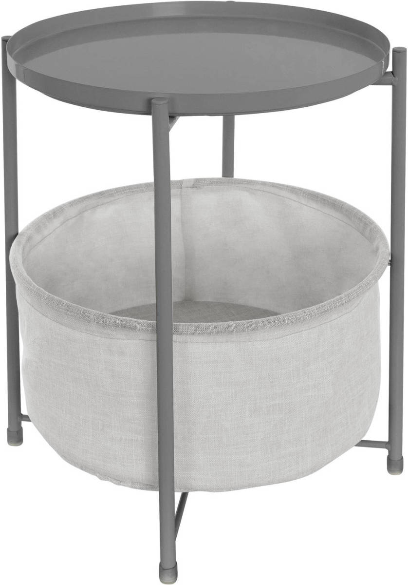 Bijzettafel Rond 45,5x52,5 cm Grijs metaal incl. stoffen mand en dienblad ML-Design