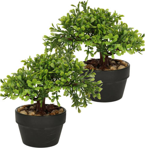 H&S Collection Kunstplant bonsai boompje in pot - 2x - Japans decoratie - 19 cm - Type Olive - Kunstplanten