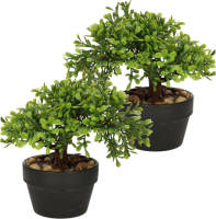 H&S Collection Kunstplant bonsai boompje in pot - 2x - Japans decoratie - 19 cm - Type Olive - Kunstplanten