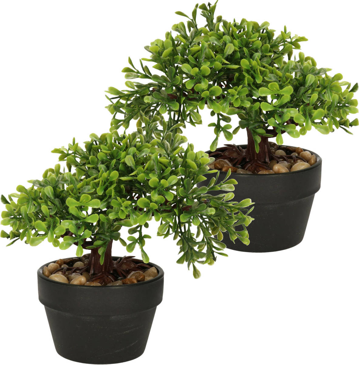 H&S Collection Kunstplant bonsai boompje in pot - 2x - Japans decoratie - 19 cm - Type Olive - Kunstplanten
