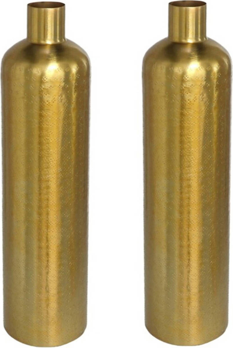 Gerim 2x stuks bloemenvaas flesvorm van metaal 42 x 10.5 cm kleur metallic goud - Vazen