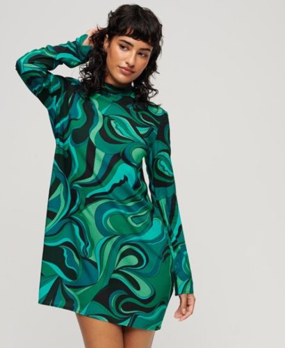 Superdry Vrouwen Mini-jurk met Print en Lange Mouwen Groen Grootte: 36