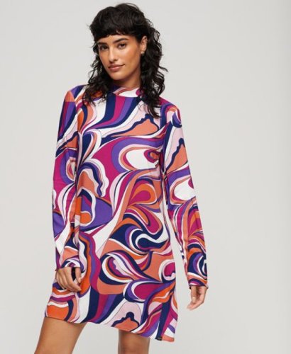 Superdry Vrouwen Mini-jurk met Print en Lange Mouwen Multi Grootte: 38