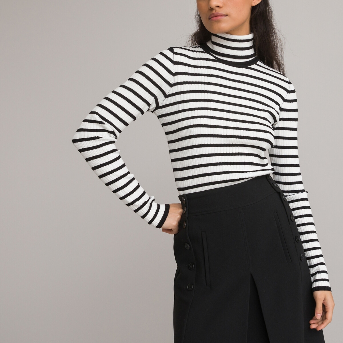 La Redoute Collections Gestreepte trui met rolkraag, geribd tricot
