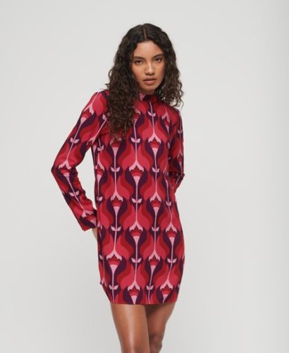 Superdry Vrouwen Mini-jurk met Print en Lange Mouwen Roze Grootte: 44