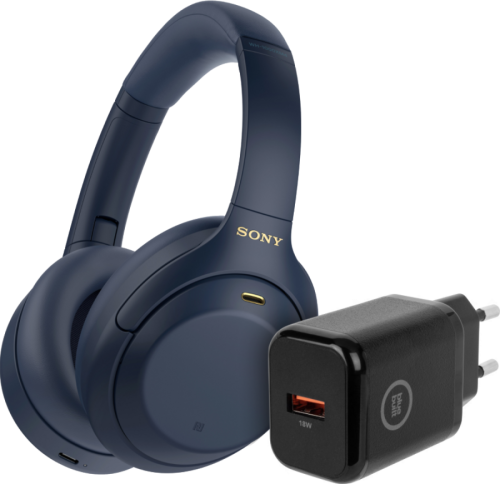 Sony WH-1000XM4 Blauw + BlueBuilt Quick Charge Oplader met Usb A Poort 18W Zwart