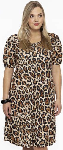 Yoek A-lijn jurk DOLCE van travelstof met dierenprint bruin