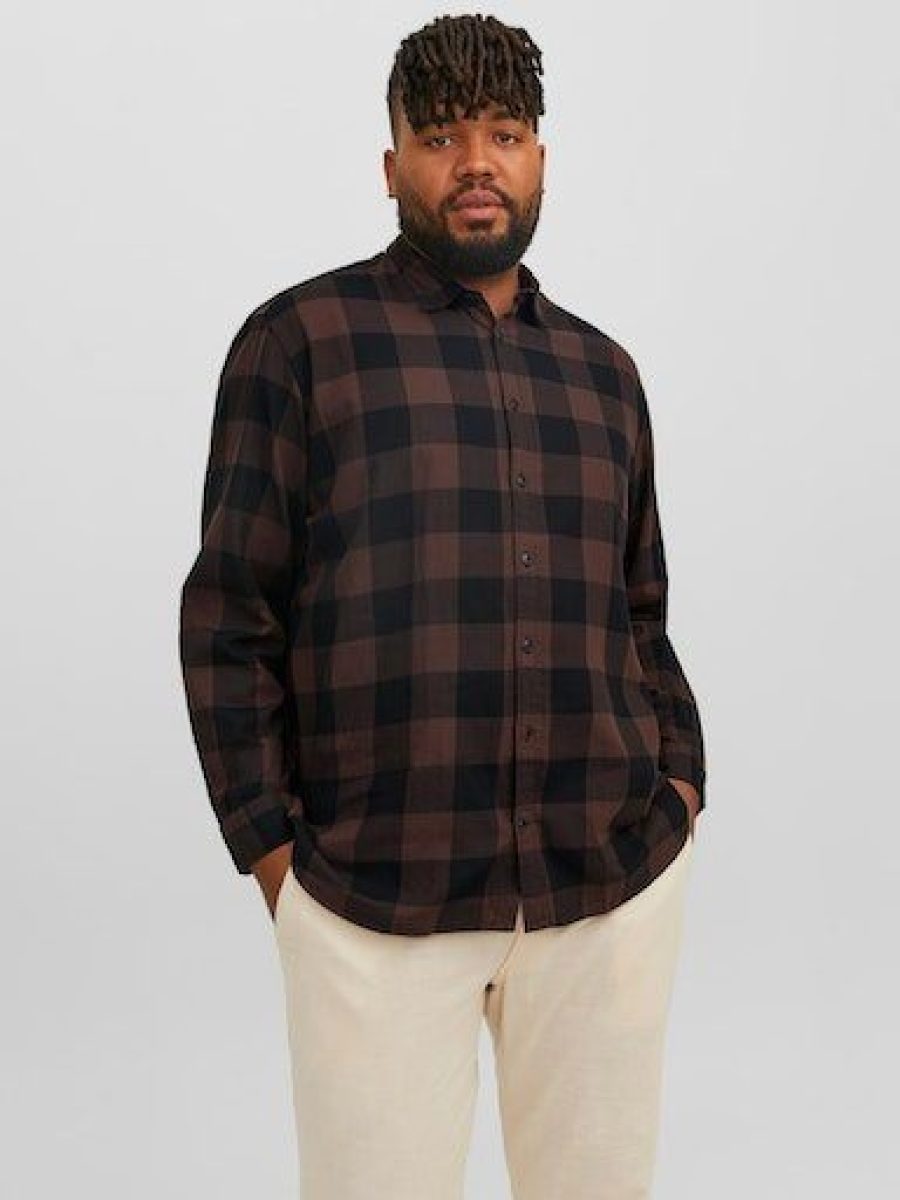 JACK & JONES PLUS SIZE geruit oversized overhemd JJEGINGHAM Plus Size bruin