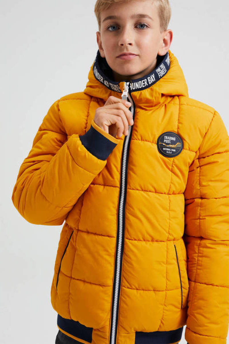 WE Fashion reversible gewatteerde winterjas van gerecycled polyester donkerblauw/geel