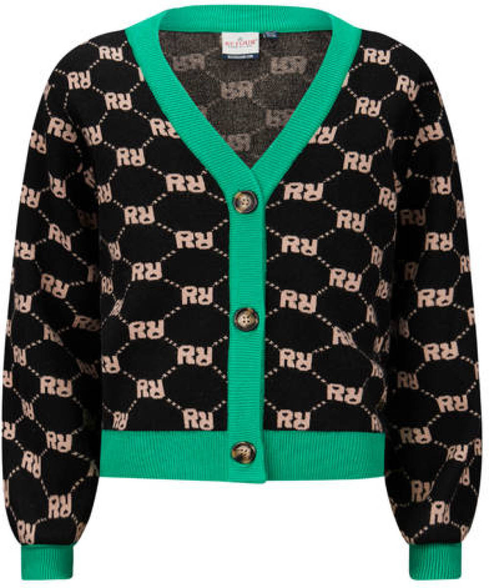 Retour Denim gebreid vest Fayenne met all over print zwart/groen/zand