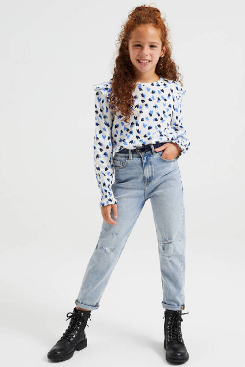WE Fashion top met hartjes wit/blauw