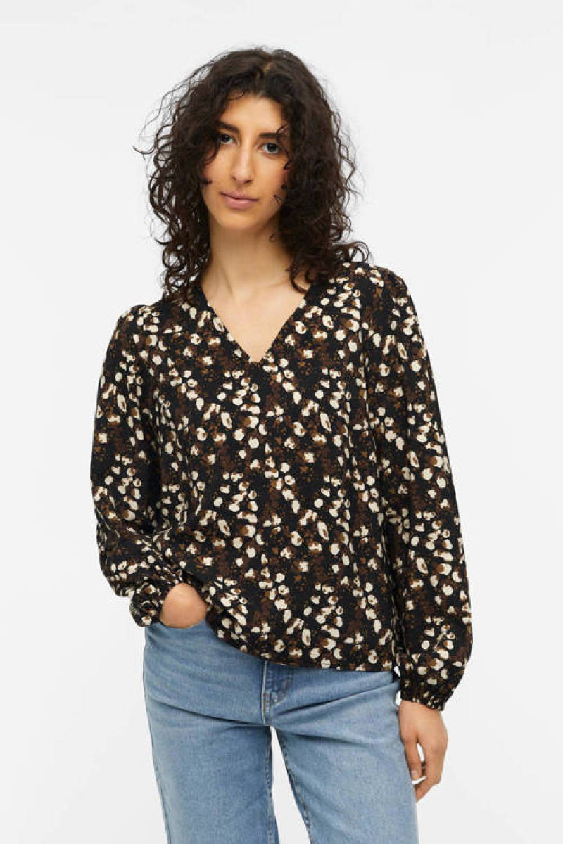 OBJECT top OBJLEONORA met all over print zwart/bruin/wit