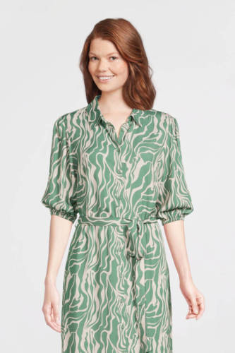 Another-Label blouse Idelle dress s/s met all over print en ceintuur grijsgroen