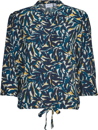 VILA blouse VISAYA met bladprint donkerblauw/oker