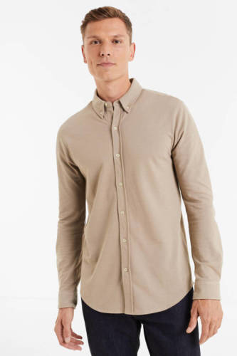 anytime piqué longsleeve overhemd beige