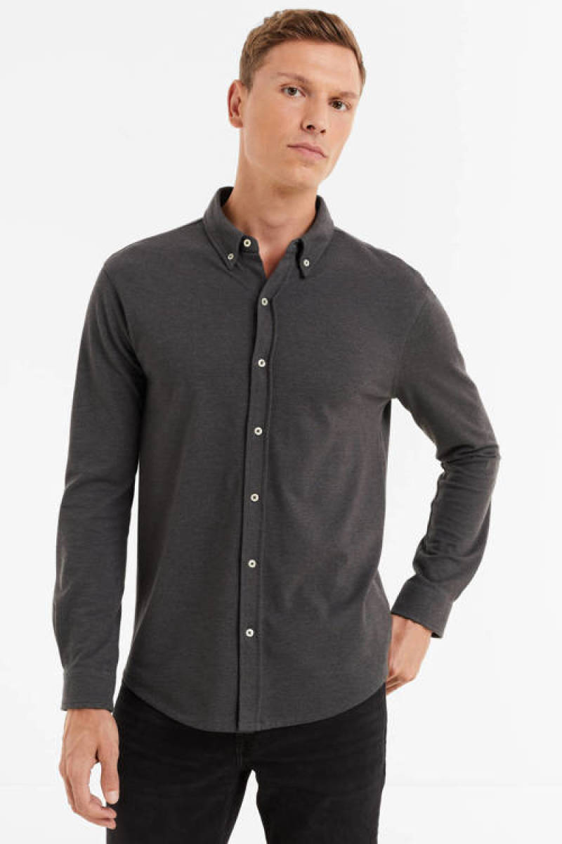 anytime piqué longsleeve overhemd grijs