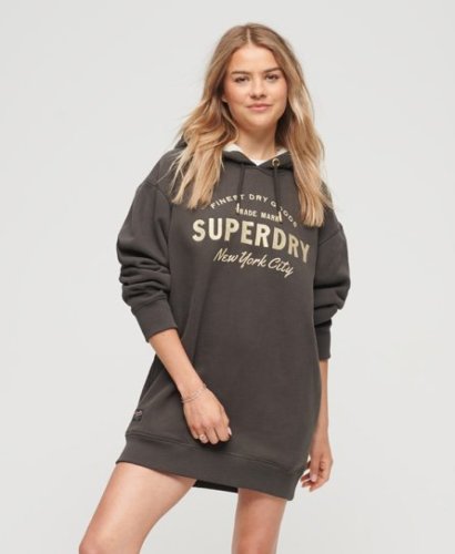 Superdry Vrouwen Luxe Hoodiejurk met Metallic Logo Donkergrijs Grootte: 10-12