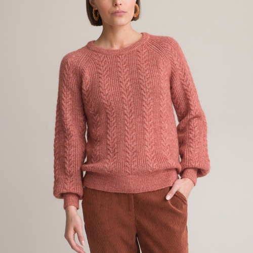 Anne Weyburn Trui met ronde hals, kabeltricot, mixed mohair