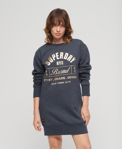 Superdry Vrouwen Luxe Jersey Jurk met Metallic Logo Blauw Grootte: 44