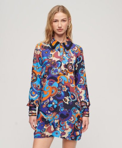 Superdry Vrouwen Mini-overhemdjurk met Print in Jaren 60-look Blauw Grootte: 36